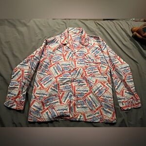 Vintage 70s Budweiser Beer All Over Print Long Sleeve Pajama Shirt Size Small